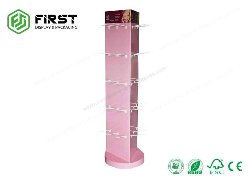 Full Color Printing POS Flat Packing Cardboard Floor Display Stand With Hooks